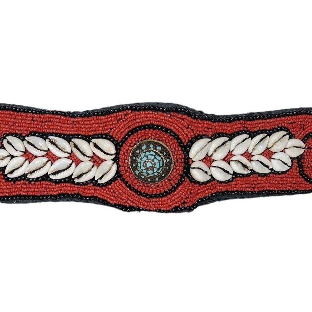 Vintage Ladakh Statement Belt Red Coral Seed Bead Turquoise Brass Cowry Shell